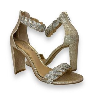 Jewel Badgley Mischka Fionne Champagne Metallic Braided Open Toe Heel Pump 5.5